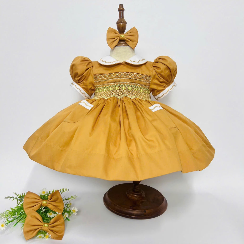 Caramel “Honey” Handsmocked frock. (Bows and Bloomers to match) 10 day dispatch.