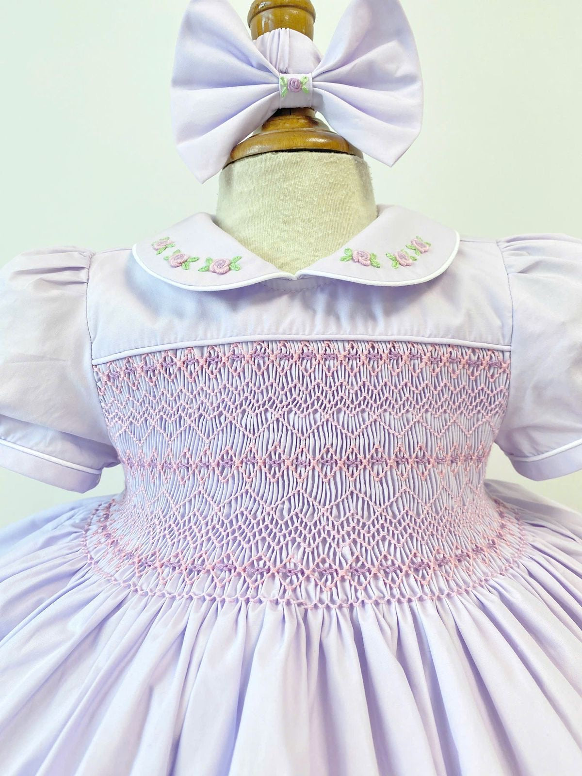 Lilac Handsmocked Frock “Lillie” Bows and Bloomers.