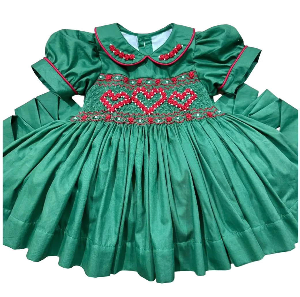 Bottle Green and Red “Clara” Smock. Comes with headband and bloomers.