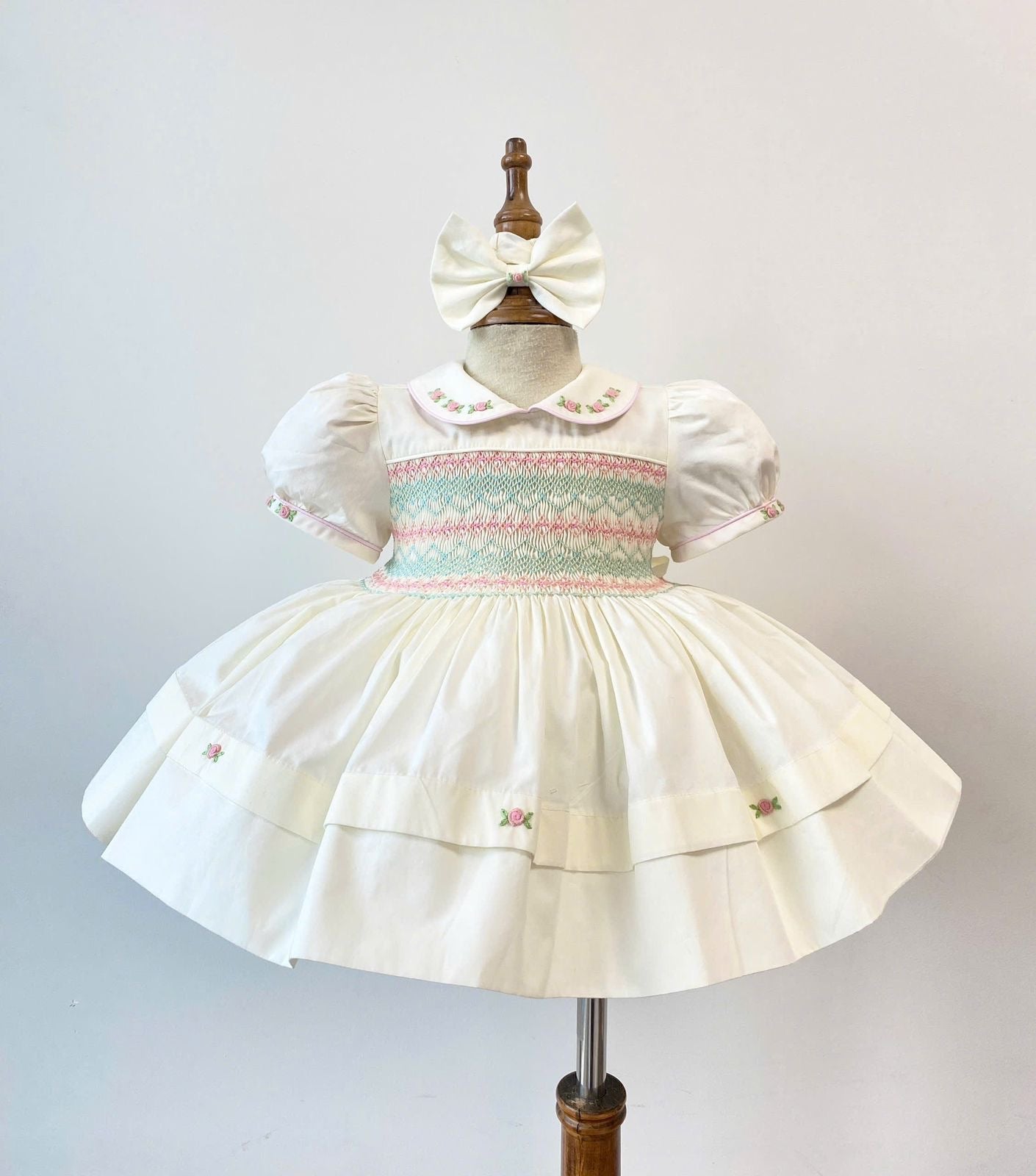 Buttercream Handsmocked Frock “Camilla” Bows and Bloomers to match.