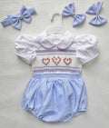 Blue “Lillie” Handsmocked Romper.