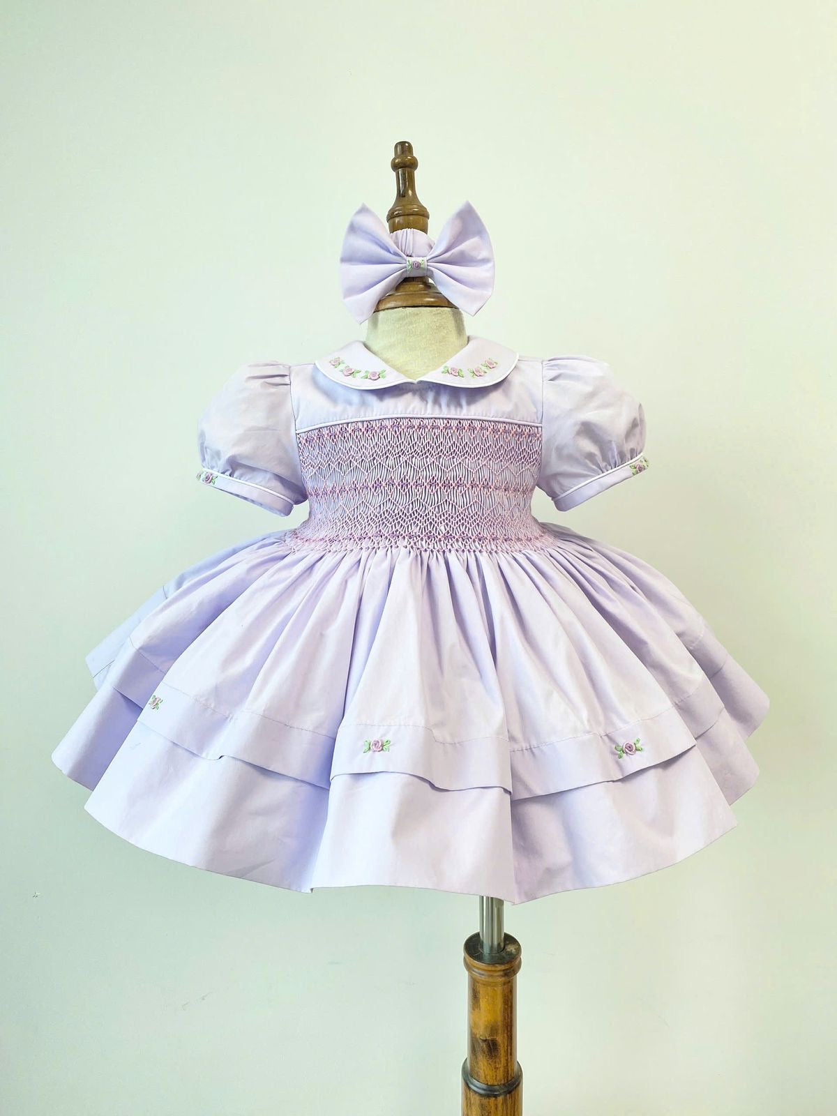 Lilac Handsmocked Frock “Lillie” Bows and Bloomers.