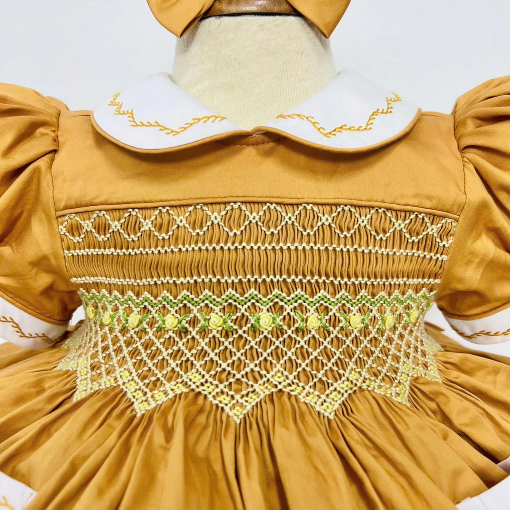 Caramel “Honey” Handsmocked frock. (Bows and Bloomers to match) 10 day dispatch.