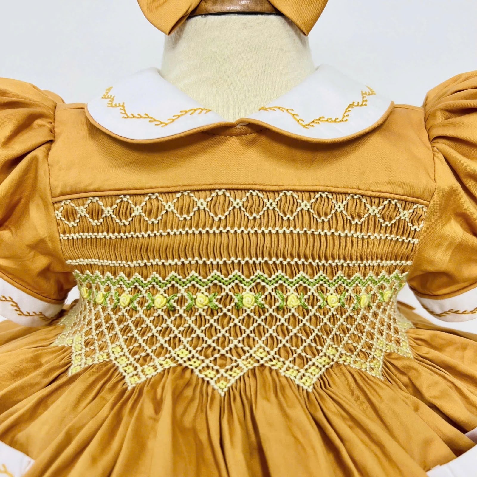 Caramel “Honey” Handsmocked frock. (Bows and Bloomers to match) 10 day dispatch.