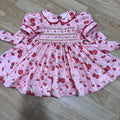 Pink “Cherry Amore” Smocked Dress. Comes with Bows and Bloomers.