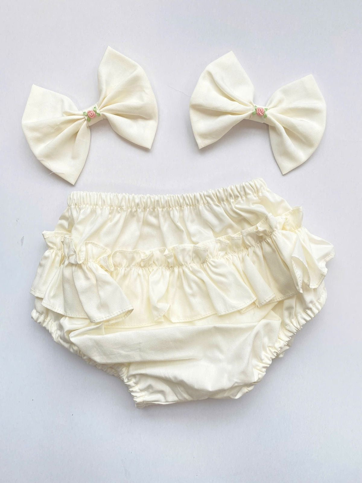 Buttercream Handsmocked Frock “Camilla” Bows and Bloomers to match.