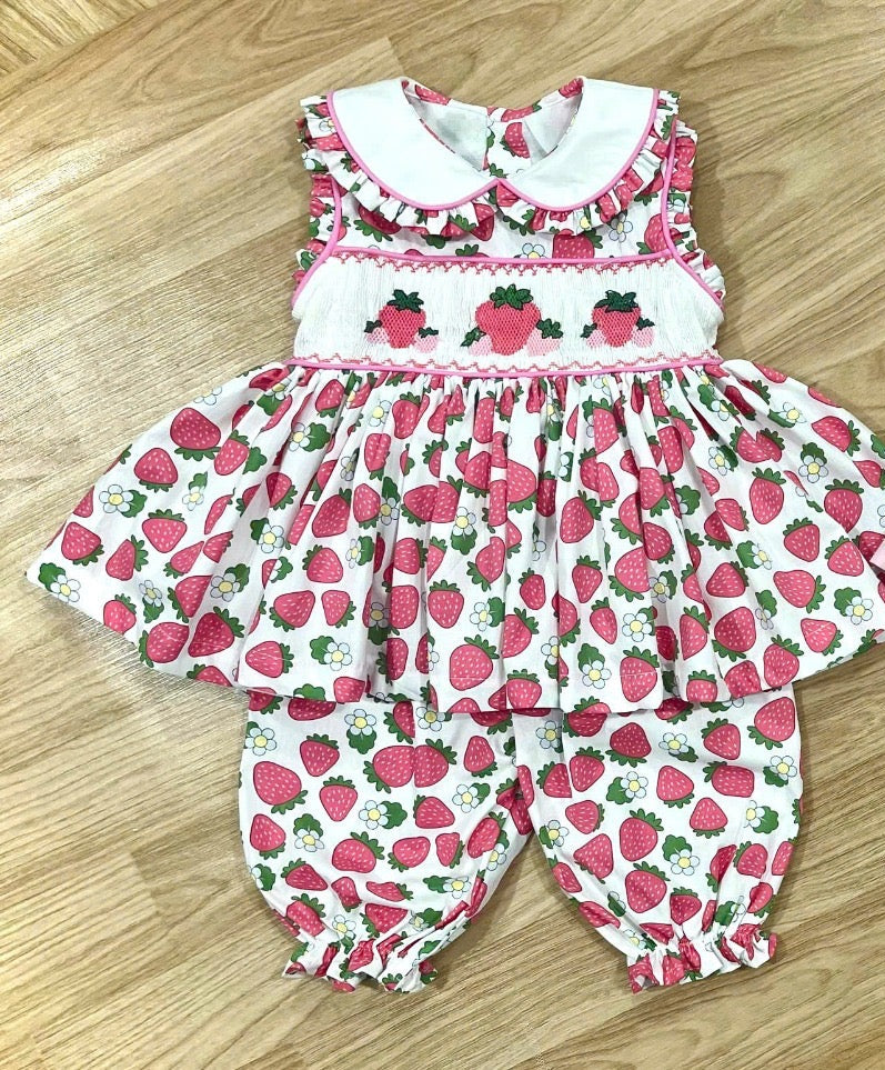 Pink and White Strawberry Handsmocked Pyjamas.