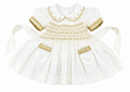Cream and Gold “Angel” handsmocked frock. Bows and Bloomers to match.