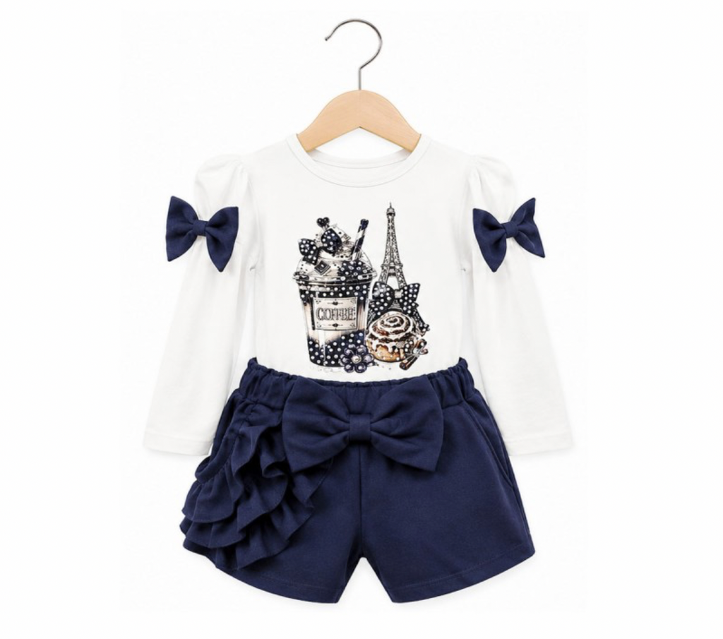 Navy and White Embellished “Coffee and Paris” Two piece set.