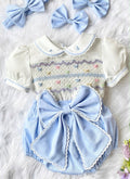 Blue “Bonnie” handsmocked romper (two week pre order)