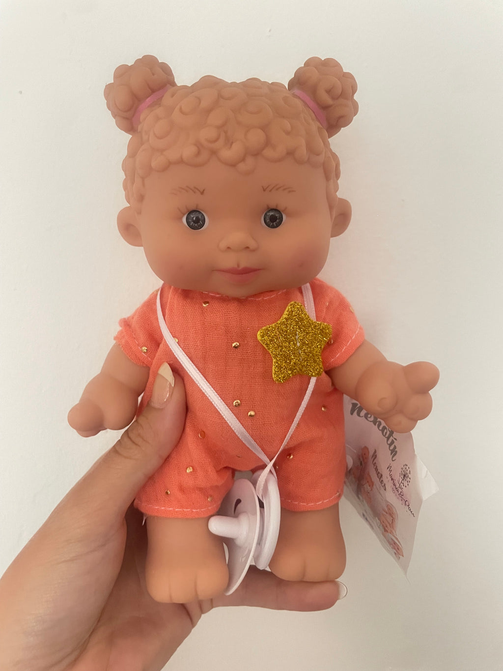 Spanish popcorn curly haired (coral and gold star) dolly. 21cm