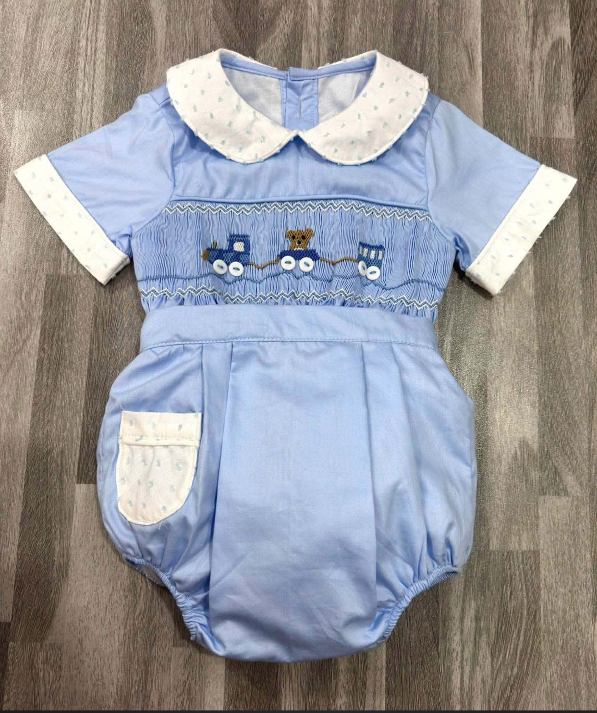 Baby Blue Luxury Smocked “train and teddy” suit. (4 weeks pre order)