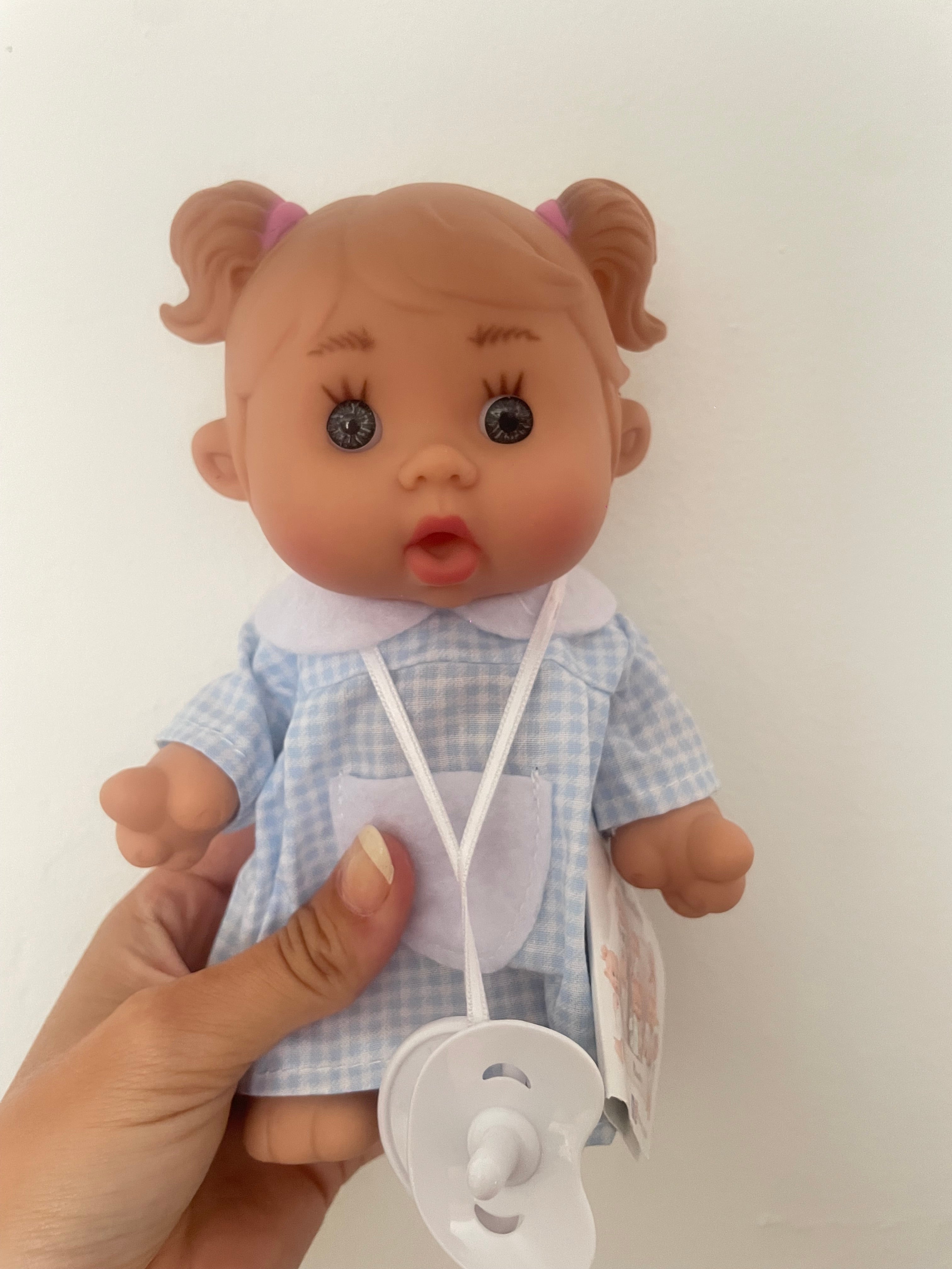 Spanish popcorn pigtail (blue gingham night dress) dolly. 21cm