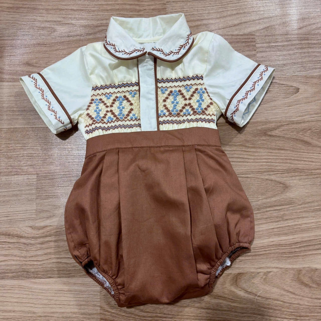 Cream “Wyatt” Western inspired handsmocked suit.