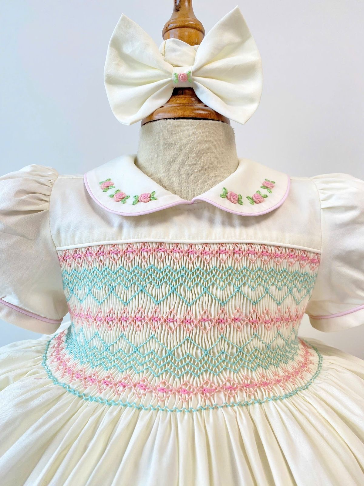 Buttercream Handsmocked Frock “Camilla” Bows and Bloomers to match.