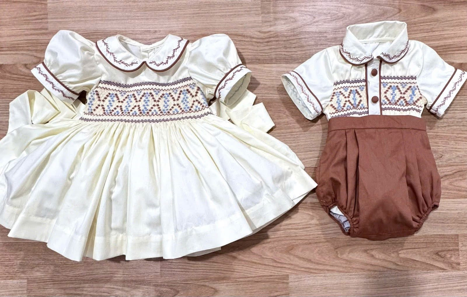 Cream “Wyatt” Western inspired handsmocked suit.
