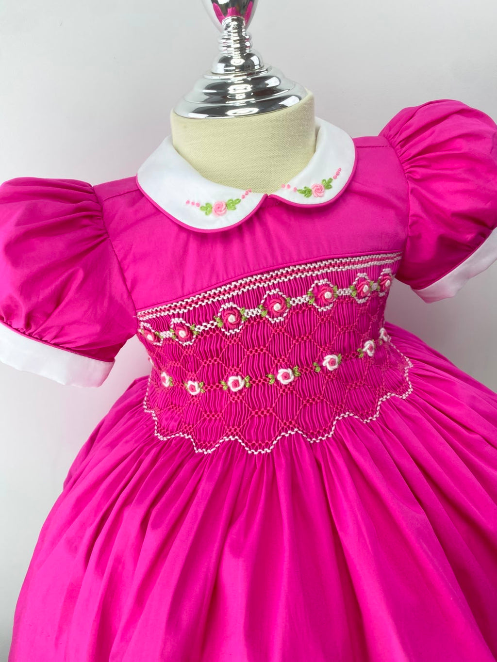 Hot Pink Handsmocked  “Barbie” frock. (Bows and Bloomers to match) 10 day dispatch.