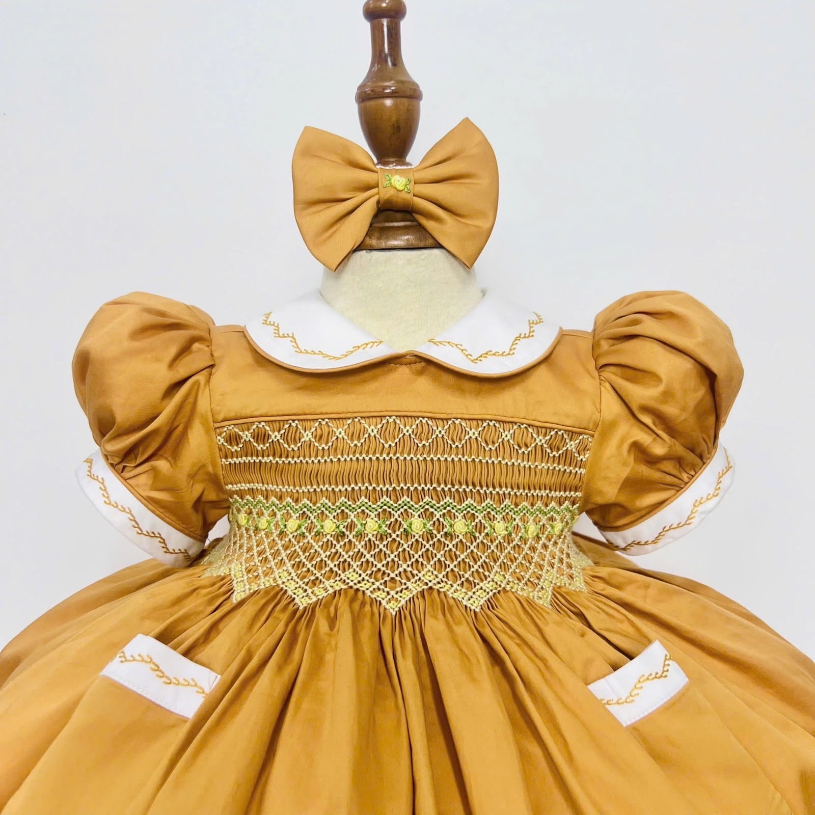 Caramel “Honey” Handsmocked frock. (Bows and Bloomers to match) 10 day dispatch.