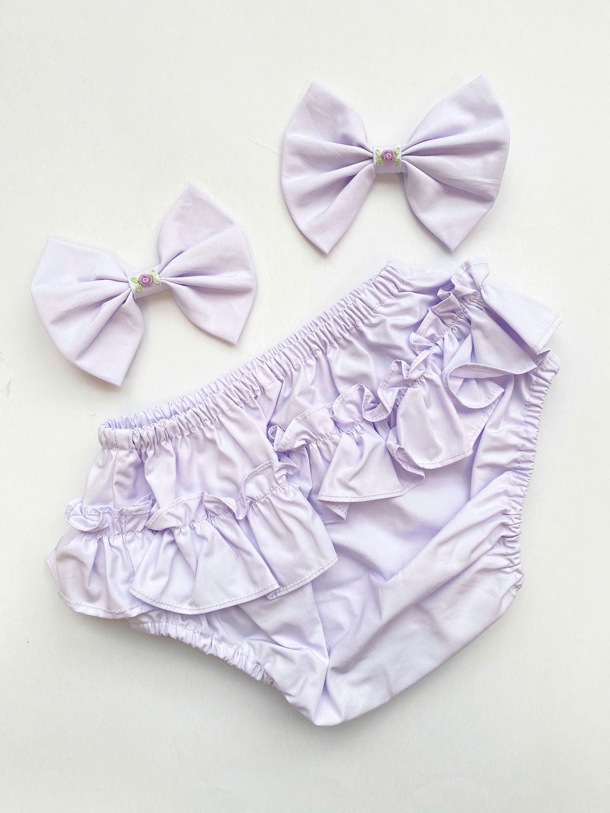 Lilac Handsmocked Frock “Lillie” Bows and Bloomers.