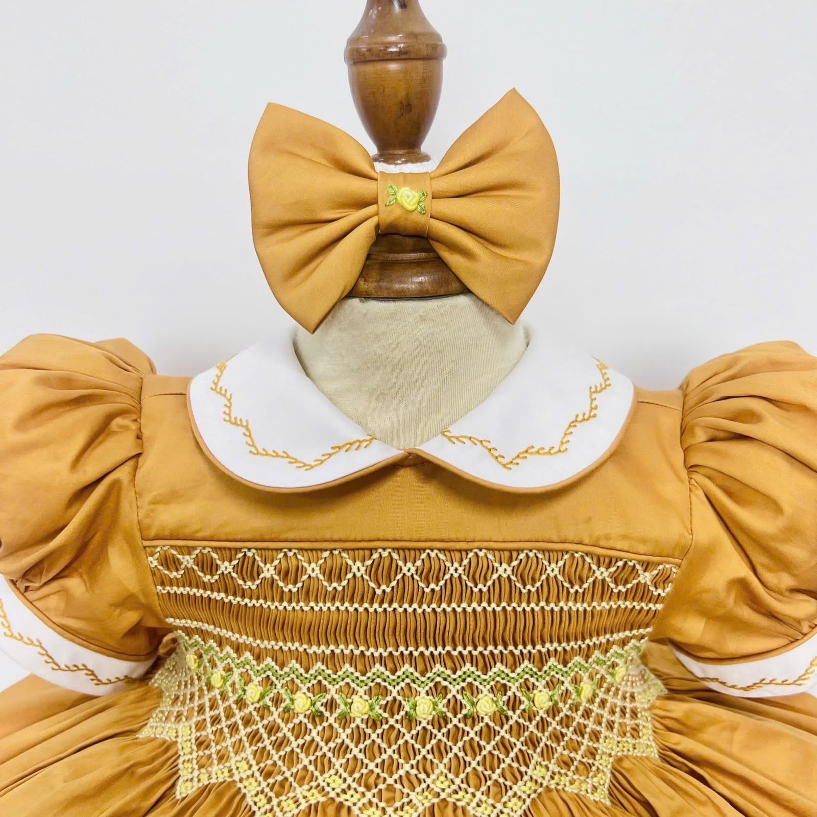 Caramel “Honey” Handsmocked frock. (Bows and Bloomers to match) 10 day dispatch.