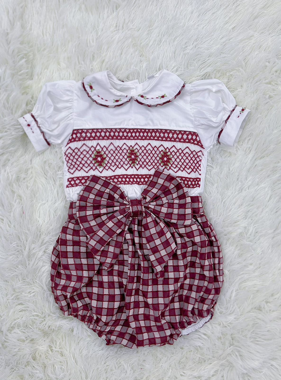 Burgandy “Aubrey” Handsmocked Romper.