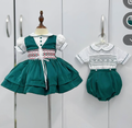 Bottle Green Corset Style Smocked dress bows and bloomers.