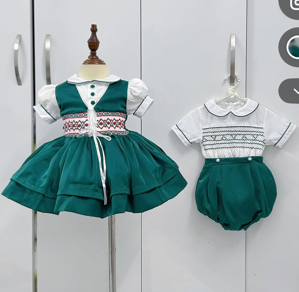 Bottle Green Corset Style Smocked dress bows and bloomers.