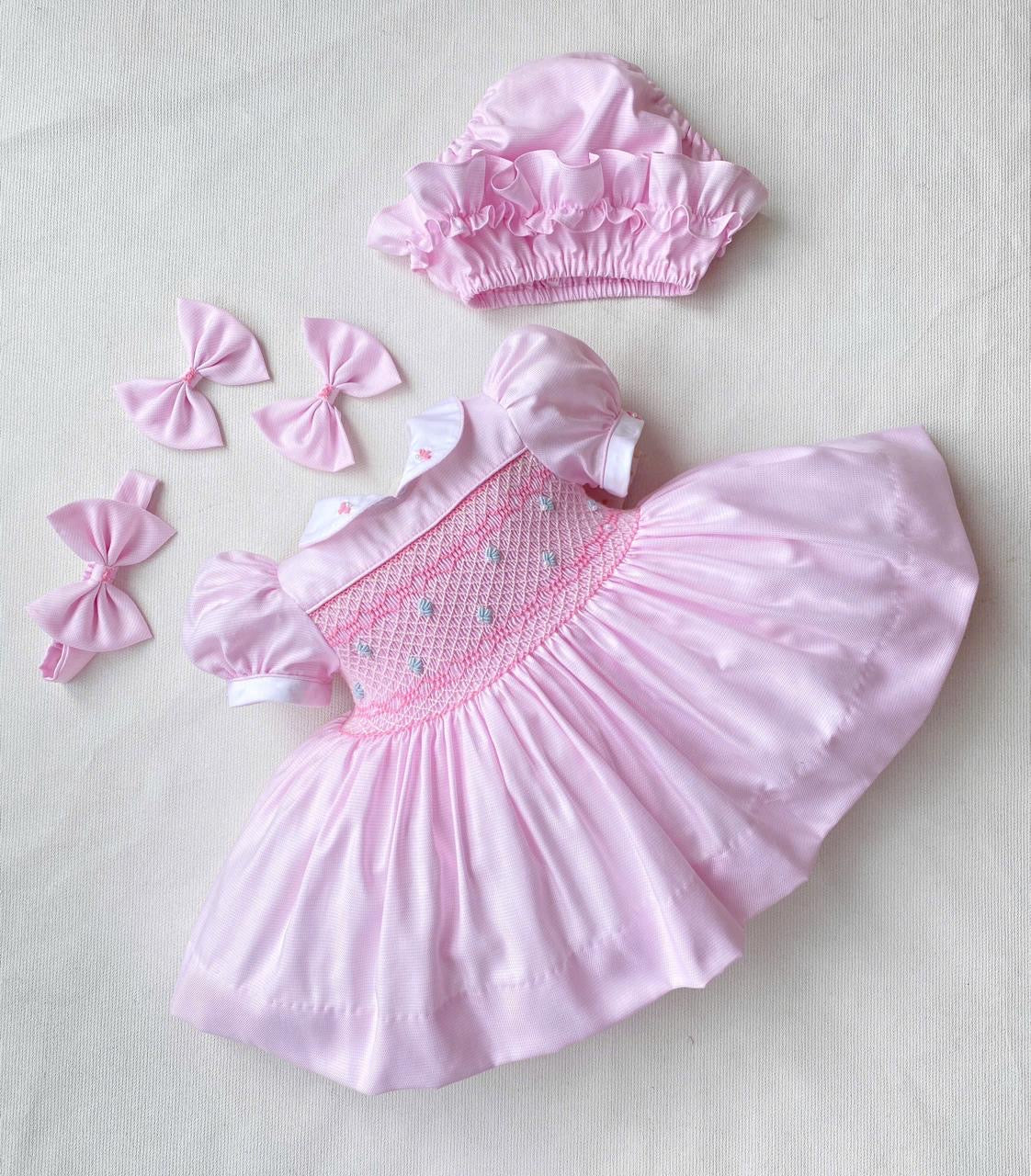 Baby Pink “TALLULAH” handsmocked frock. (Bows and Bloomers to match) 10 day dispatch.