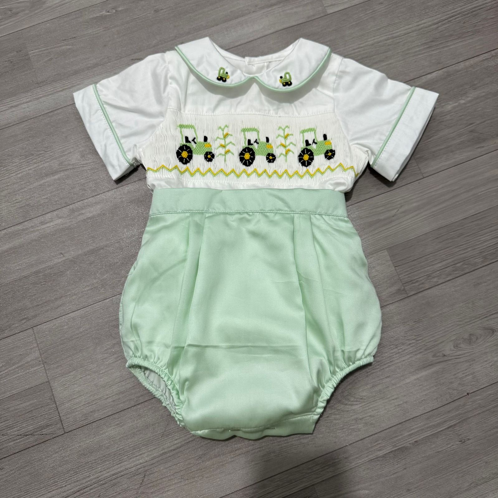 Green “Henry” Handsmocked Tractor Suit