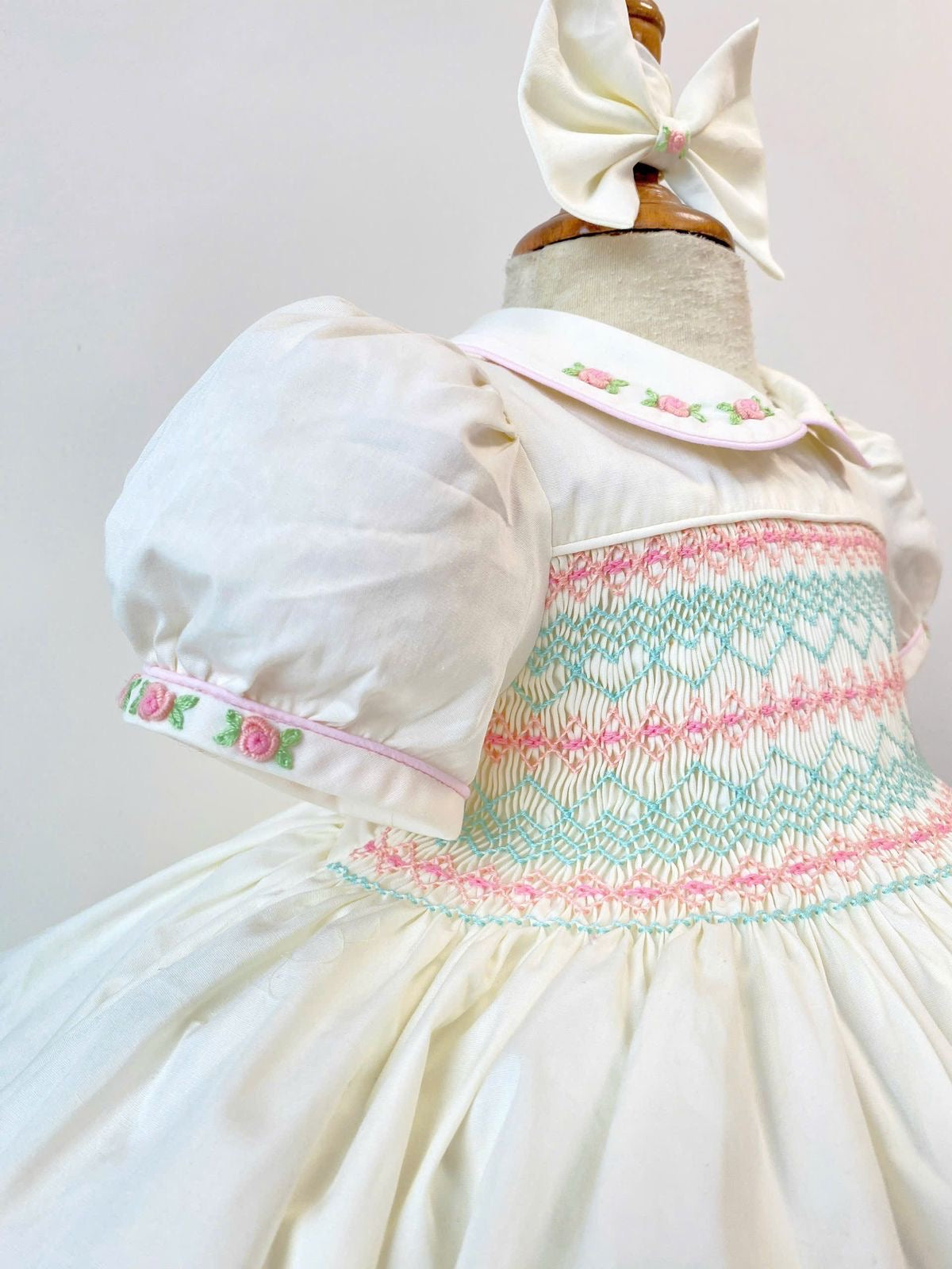 Buttercream Handsmocked Frock “Camilla” Bows and Bloomers to match.