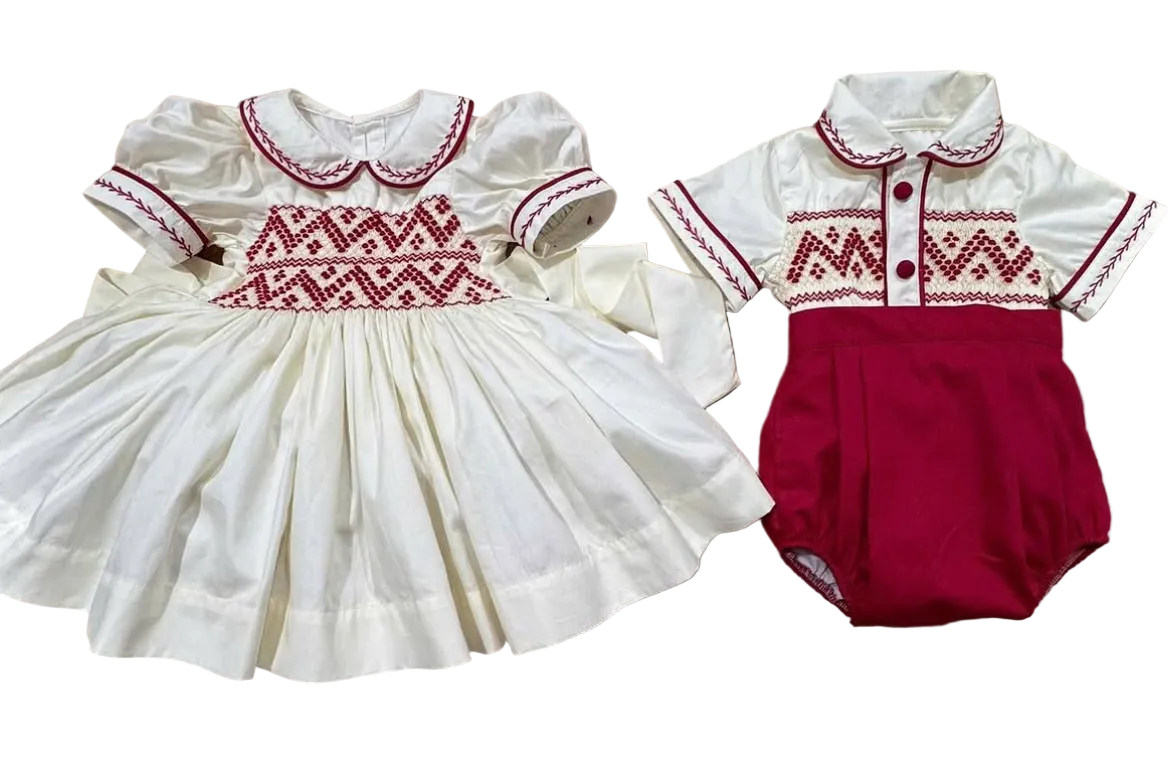Red and Cream Smocked Suit.
