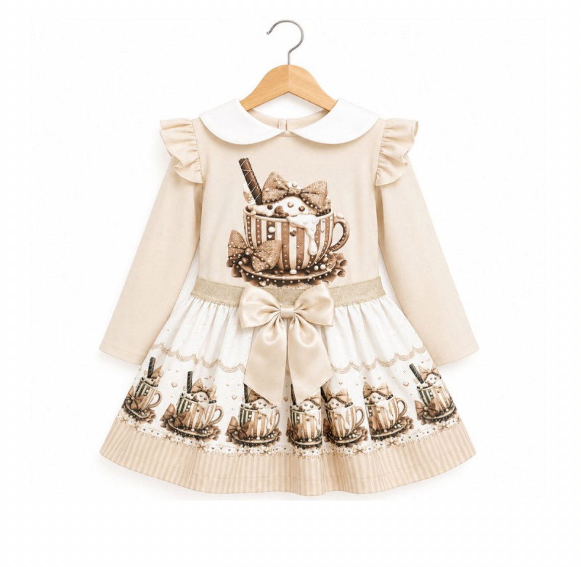 Beige and White Embellished “Hot Chocolate” two piece skirt set.
