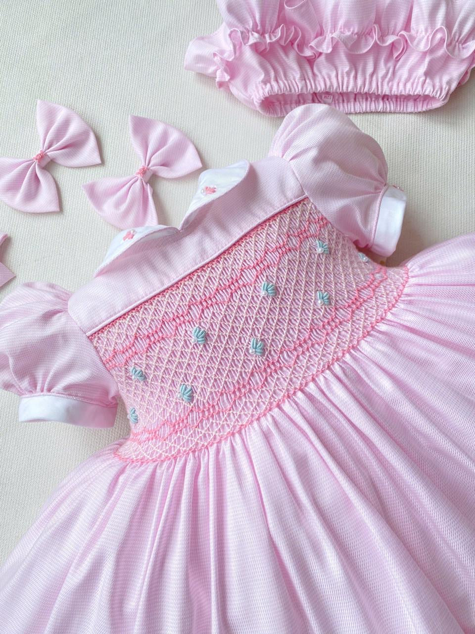 Baby Pink “TALLULAH” handsmocked frock. (Bows and Bloomers to match) 10 day dispatch.