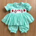 Mint “Birdie” Swiss Dot Handsmocked Pyjamas (Two Matching Hair Bows)