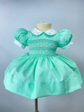 Aqua and Pink “Athena” Smock Bows, Bloomers and a built in petticoat.