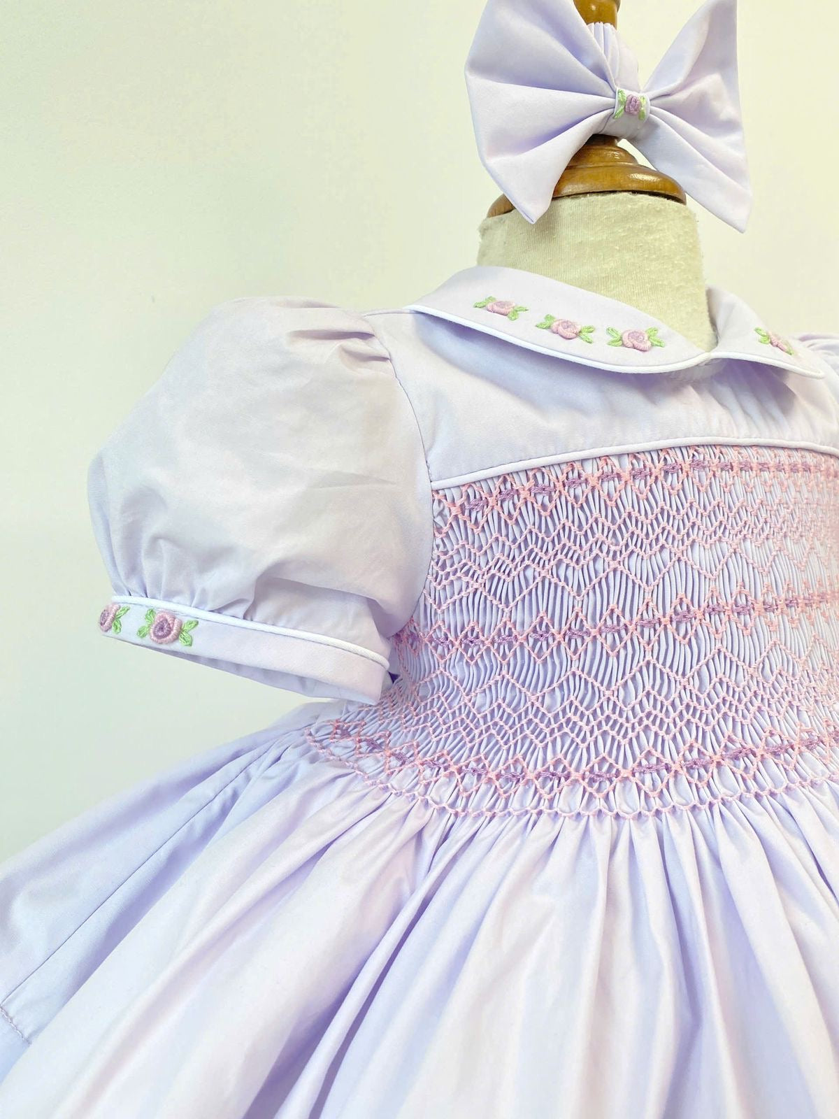 Lilac Handsmocked Frock “Lillie” Bows and Bloomers.