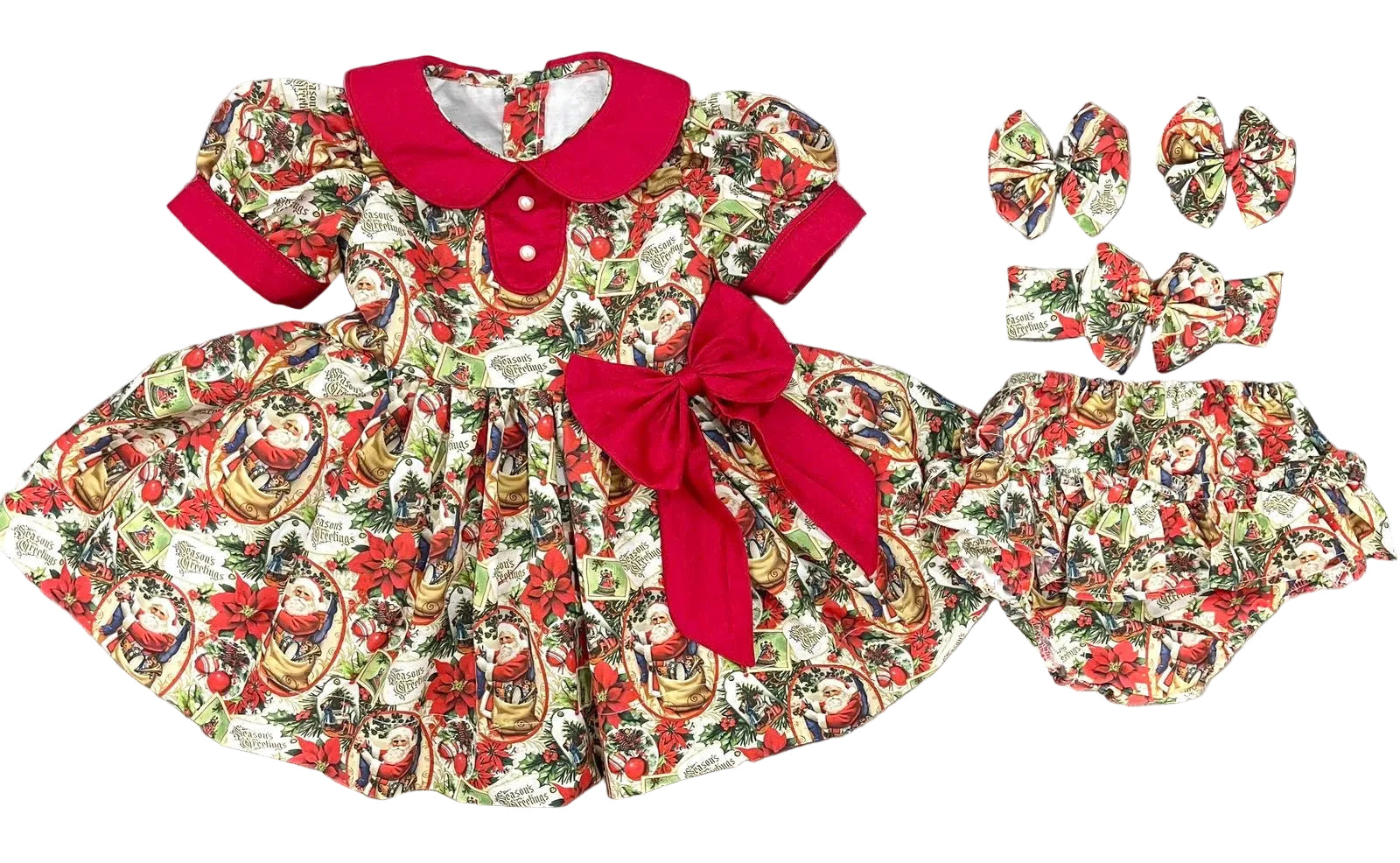 Red vintage “Santa” classic. Bows and bloomers. (End of July Delivery)