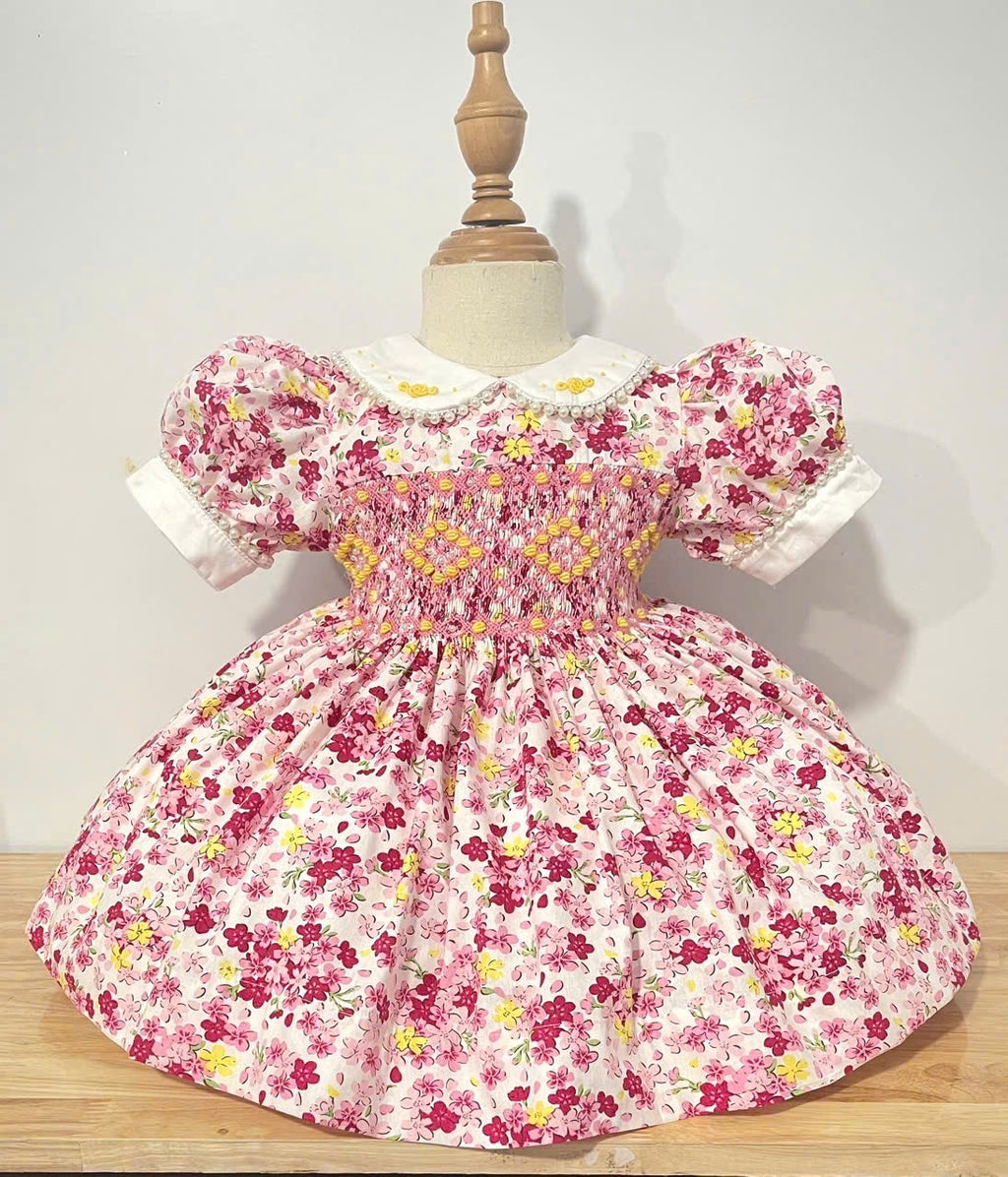 Pink Floral “Luella” Smock. Bows and Bloomers included.