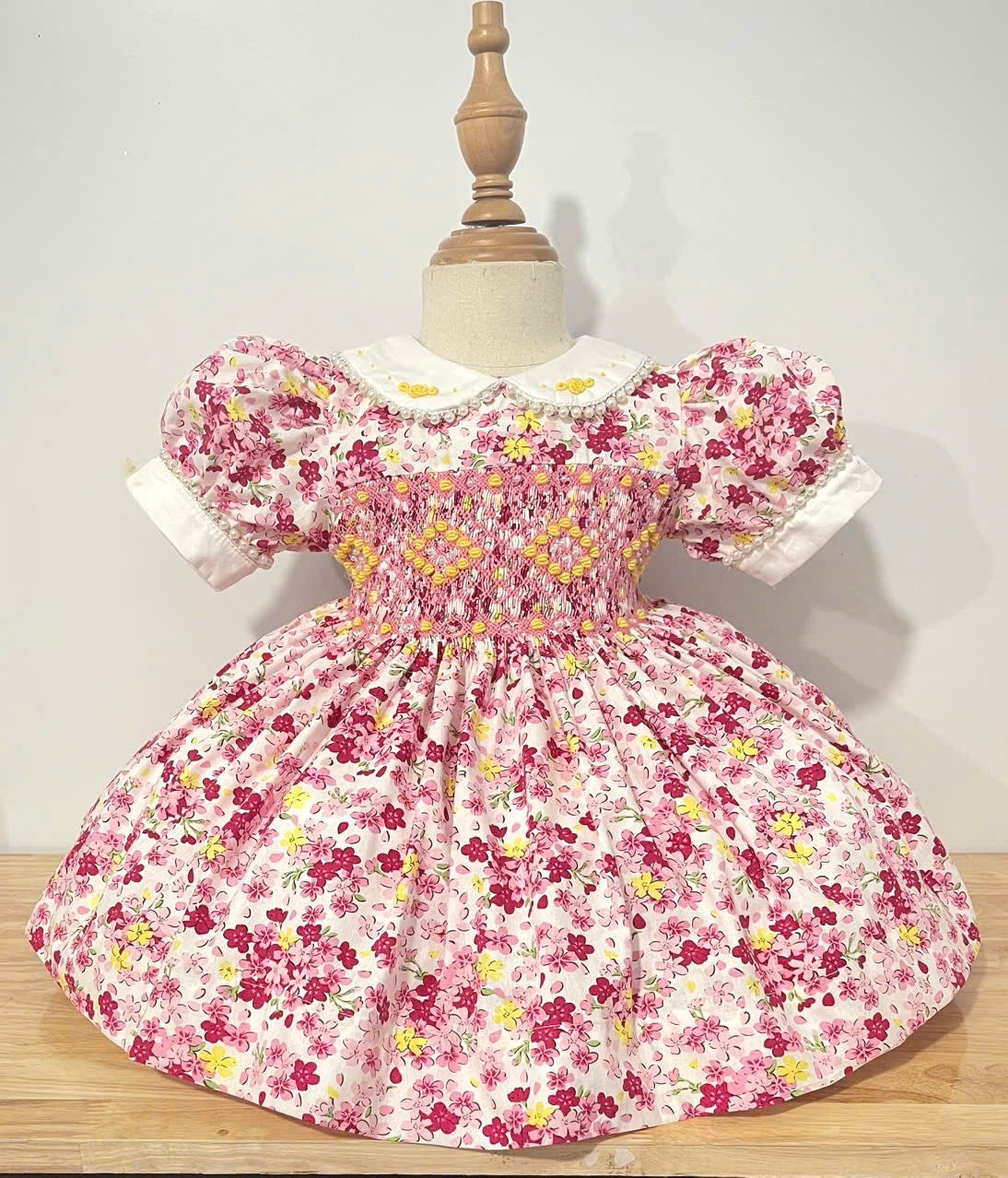 Pink Floral “Luella” Smock. Bows and Bloomers included.