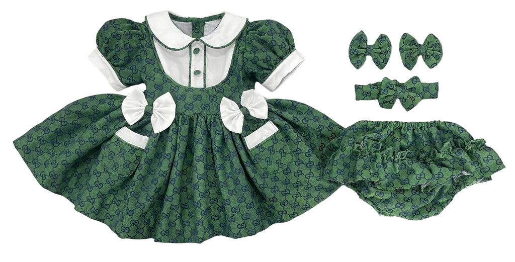 Bottle Green “GG” inspired classic dress. (Bows and Bloomers to match) September/October Delivery.
