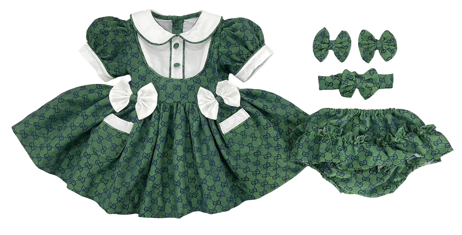 Bottle Green “GG” inspired classic dress. (Bows and Bloomers to match) September/October Delivery.