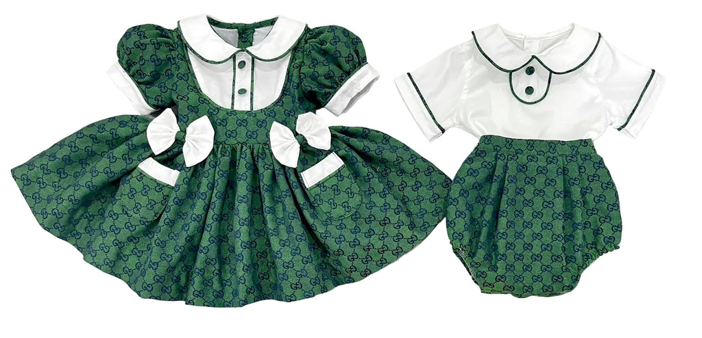 Bottle Green “GG” inspired classic dress. (Bows and Bloomers to match) September/October Delivery.