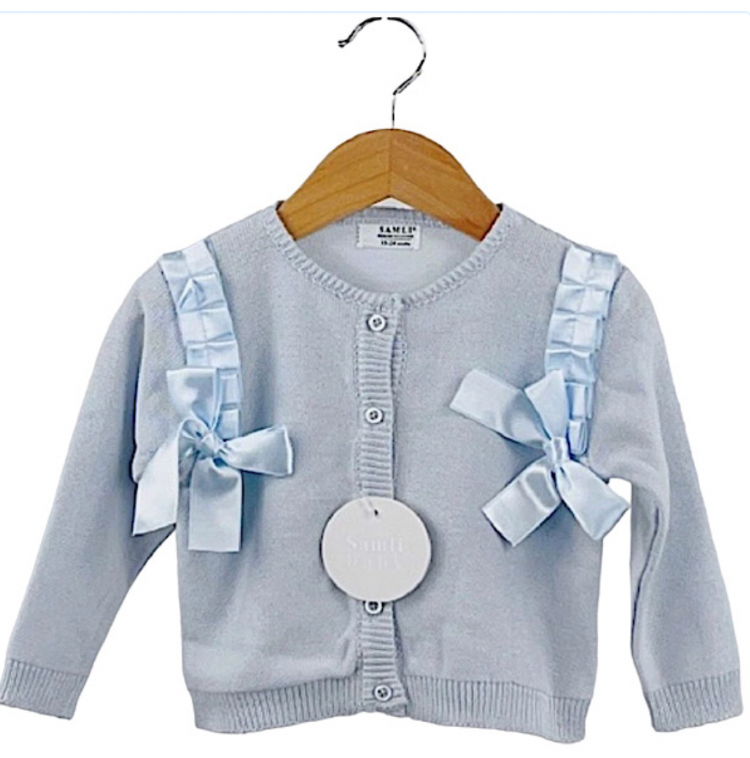 Baby Blue Pleated Double Bow Girls Cardigan.