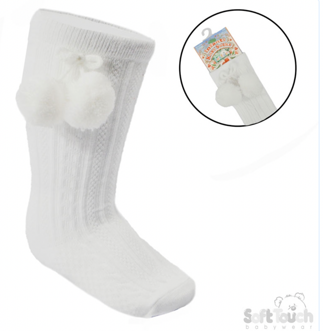 White Knee High Girls PomPom Socks.