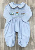 Baby Blue Boys Handsmocked “Train and Teddy” Sleepsuit. ( 4 weeks pre order)