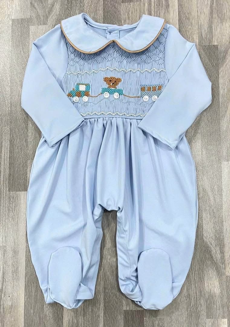 Baby Blue Boys Handsmocked “Train and Teddy” Sleepsuit. ( 4 weeks pre order)